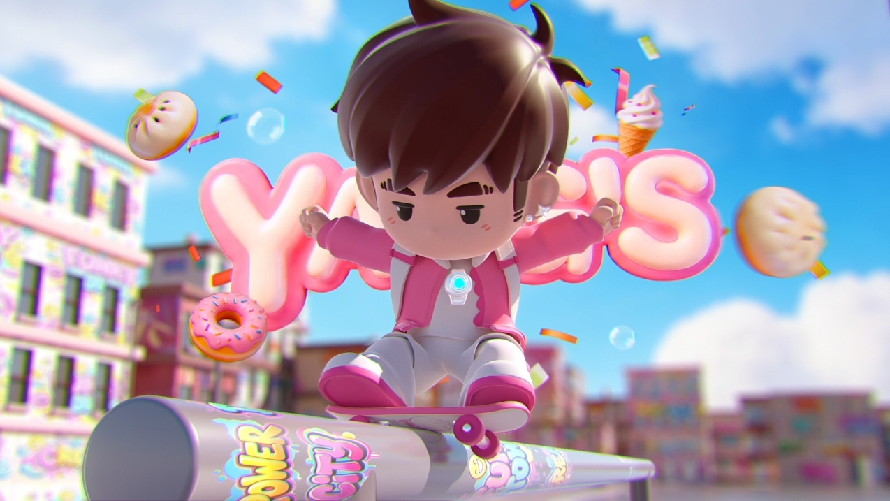 风格化 C4D 角色在彩色商业街区中跳跃