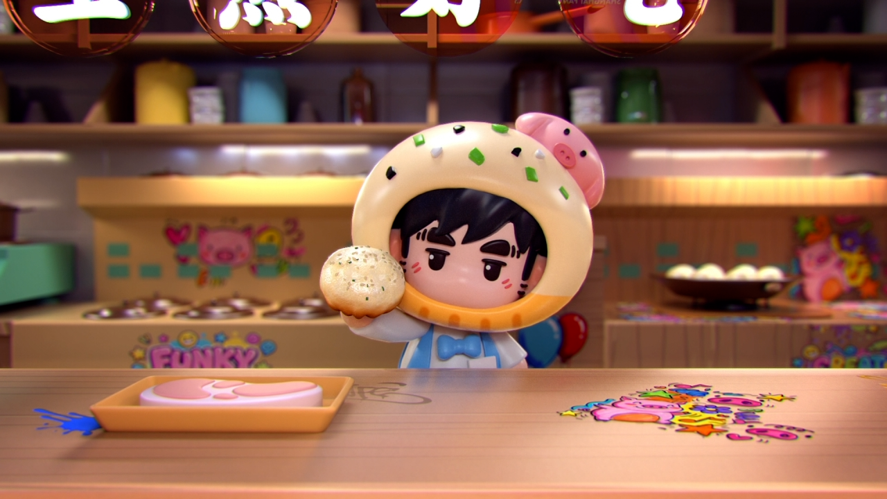穿着食物造型服装的小三维角色坐在餐桌前